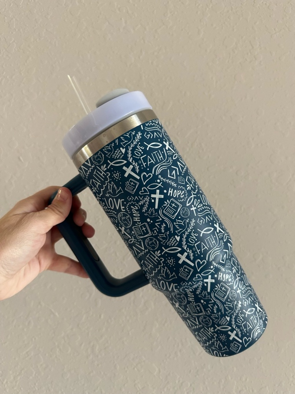 Insulated Faith Pattern Travel Tumbler with Handle - Teal